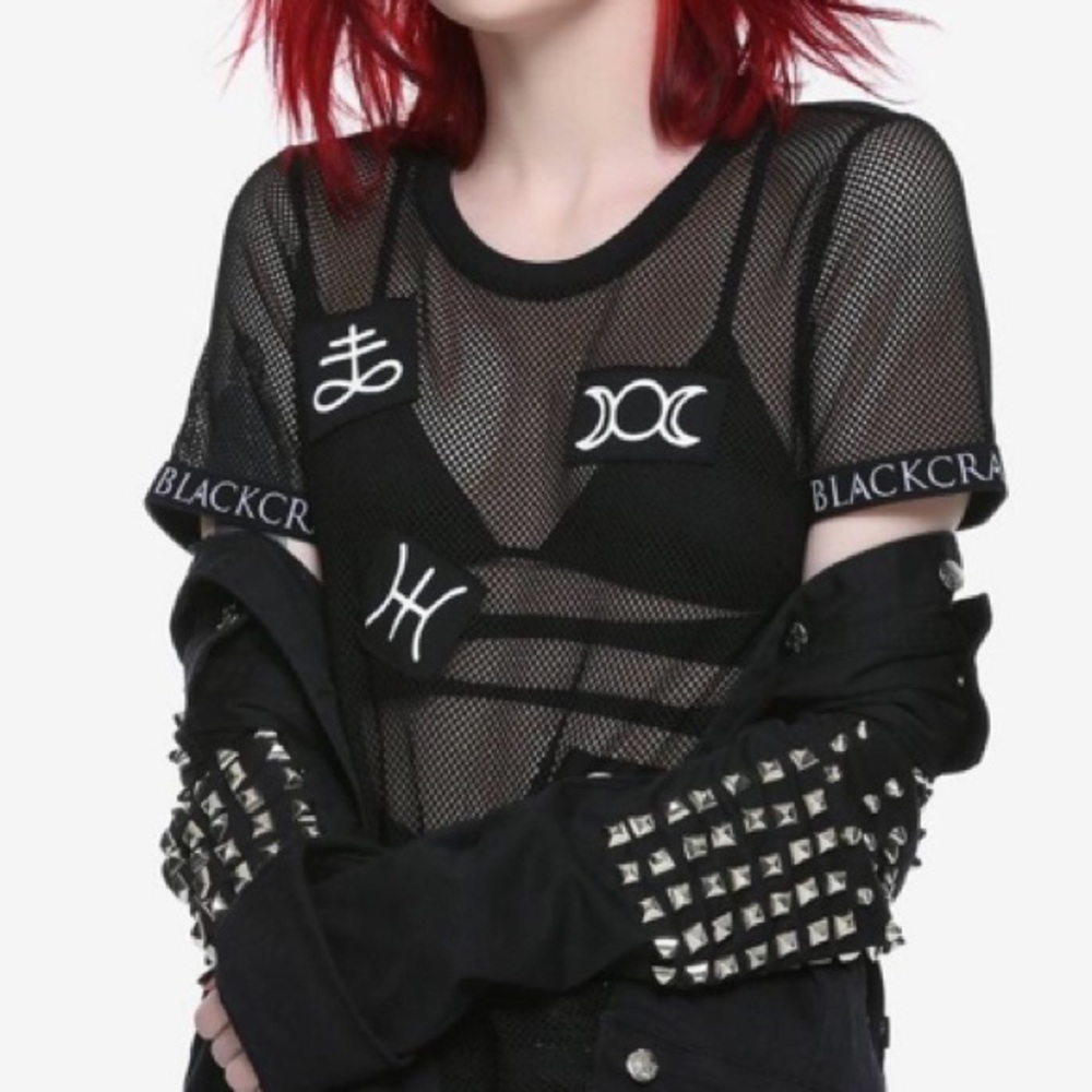 BlackCraft mesh fishnet symbols top shirt womens black witchcore goth punk